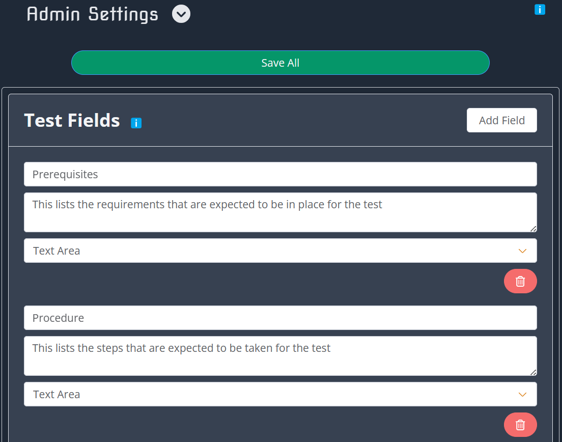 Admin - Test Fields